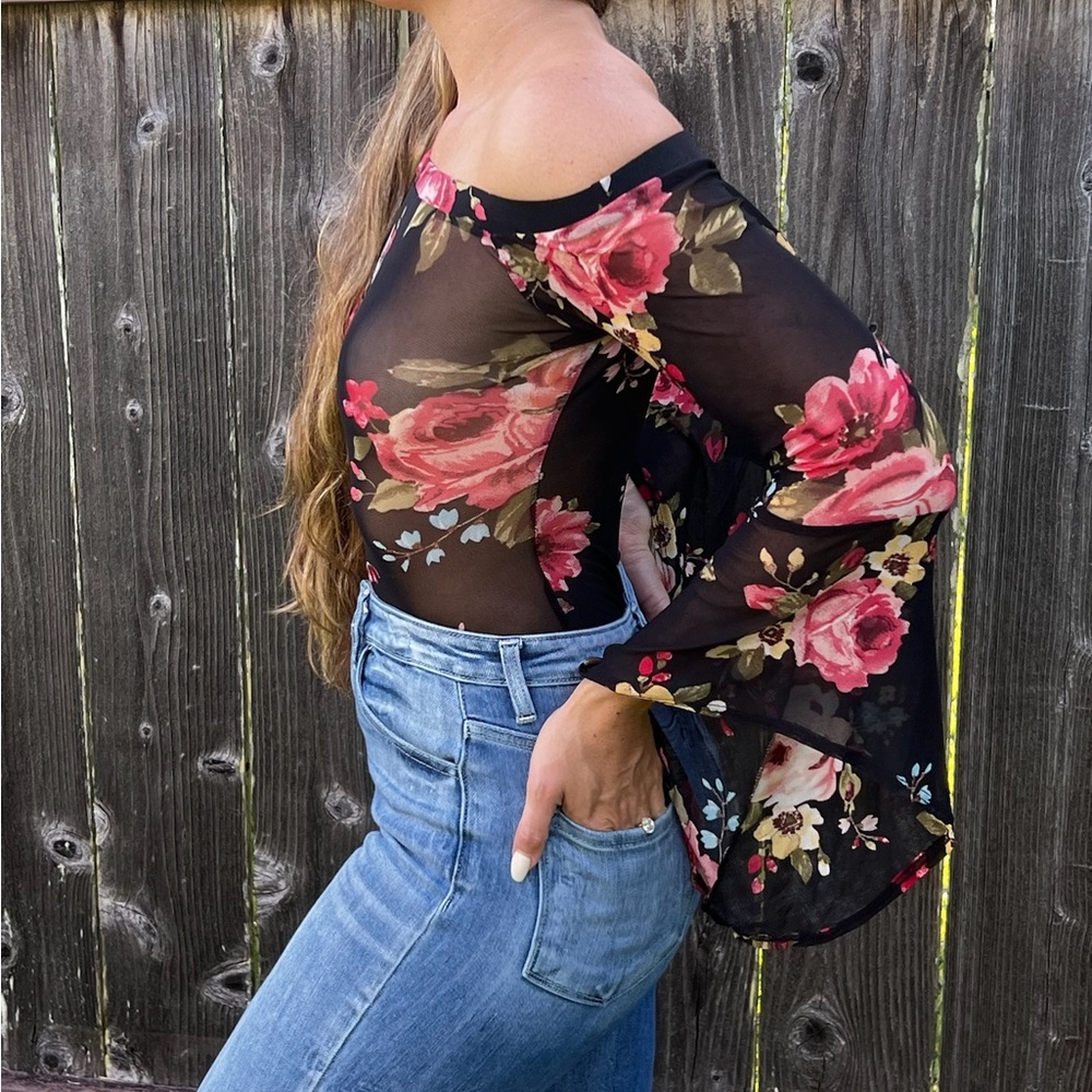 LA Gypsy Black and Rose Mesh Sheer Bell Sleeve Bodysuit, Size Medium